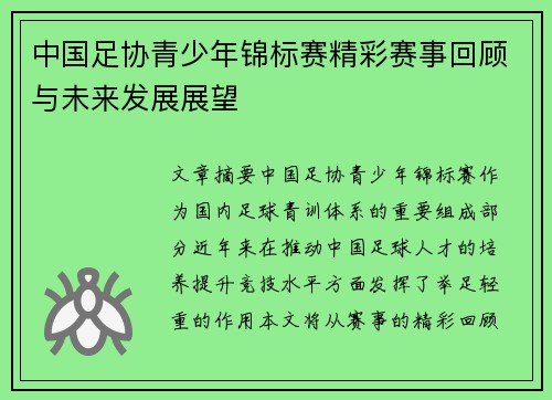 中国足协青少年锦标赛精彩赛事回顾与未来发展展望