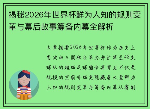 揭秘2026年世界杯鲜为人知的规则变革与幕后故事筹备内幕全解析